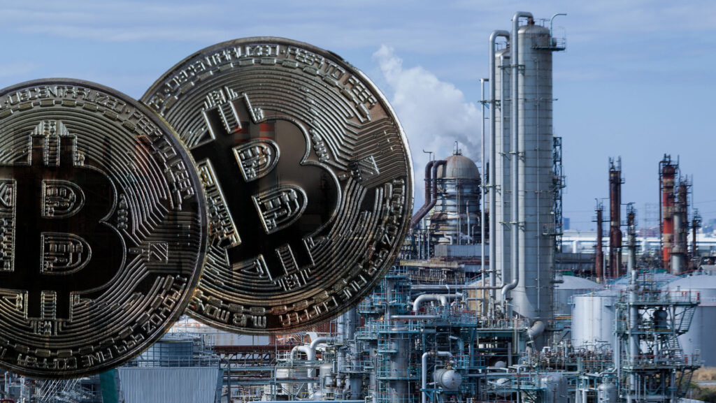 Bitcoin floating over data mining construction
